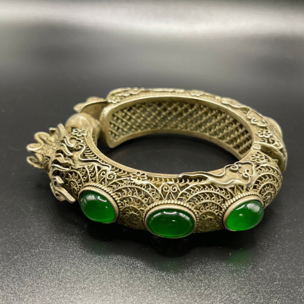 Antique Silver Tibetan Dragon Bangle with Green Stones