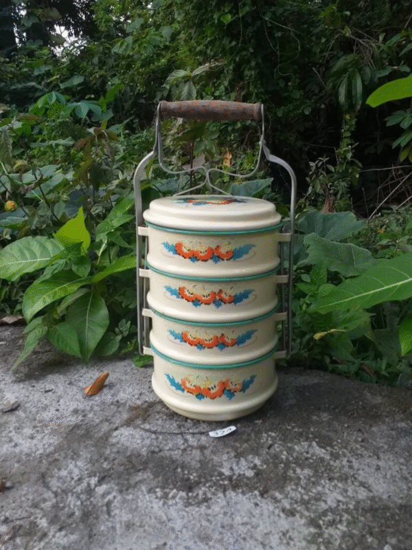 1950s Vintage Cream Enamel Tiffin Lunch Box with Floral Design