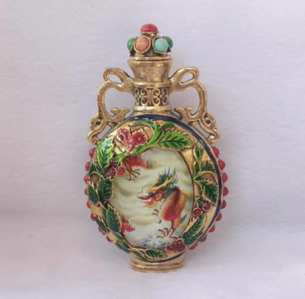 Chinese Handmade Copper Snuff Bottle – Gemstone Inlay with Dragon Motif