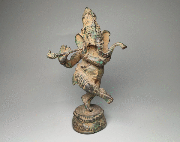 Antique Bronze Ganesha Playing Flute Handcrafted Statue on Lotus (6.6 inch)