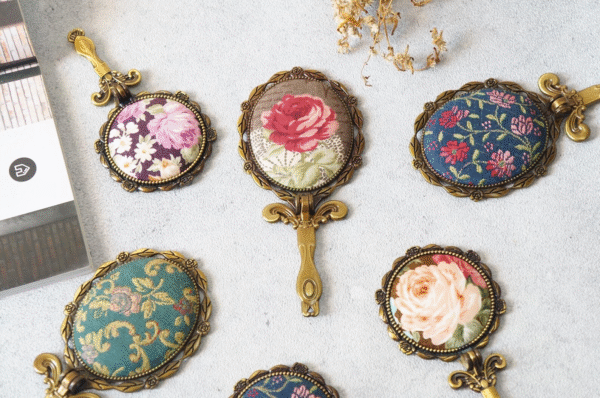 Vintage Linen Folding Travel Mirror Handmade Compact Makeup Mirror