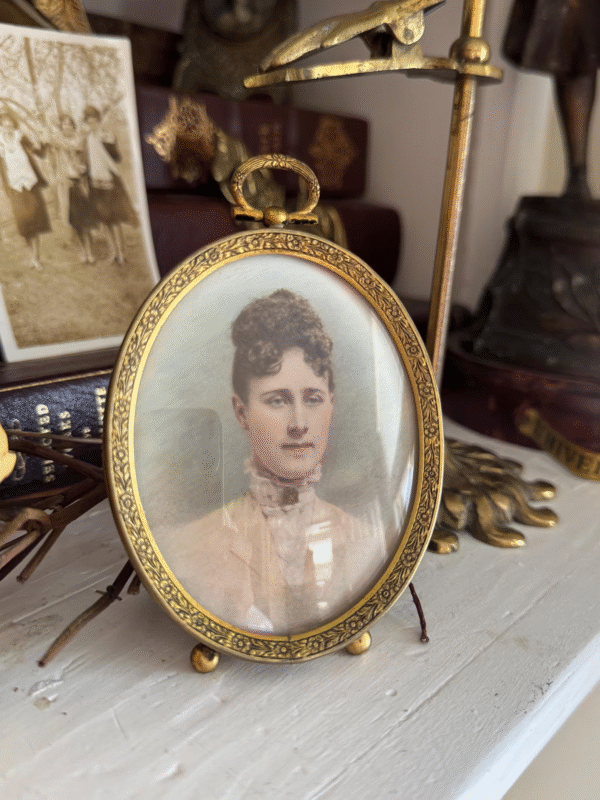 19th-Century Hand-Painted Portrait of a Woman in Brass Frame, Signed Calvert (c. 1880)