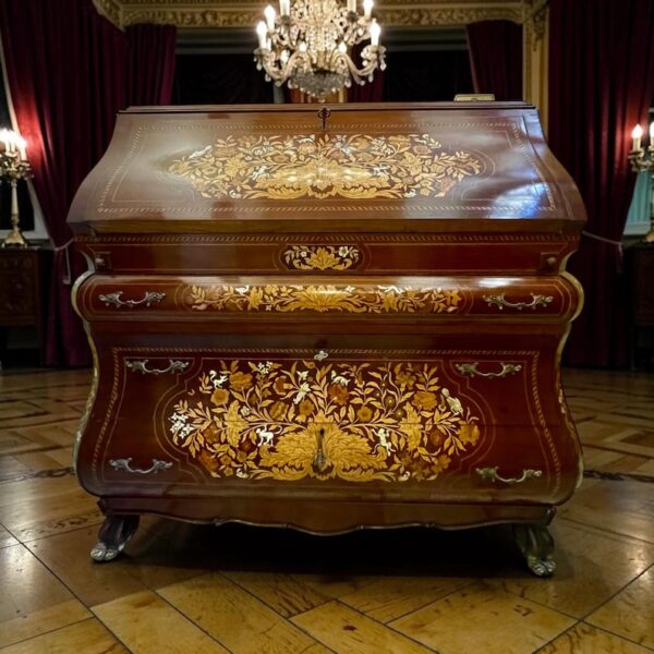 Antique Dutch writing desk from the late 19th century, inlaid bureau with flap