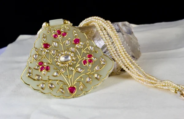 Antique Estate Old Jade MUGHAL Unheated Ruby DIAMOND 22K Gold Pearl Pendant Necklace